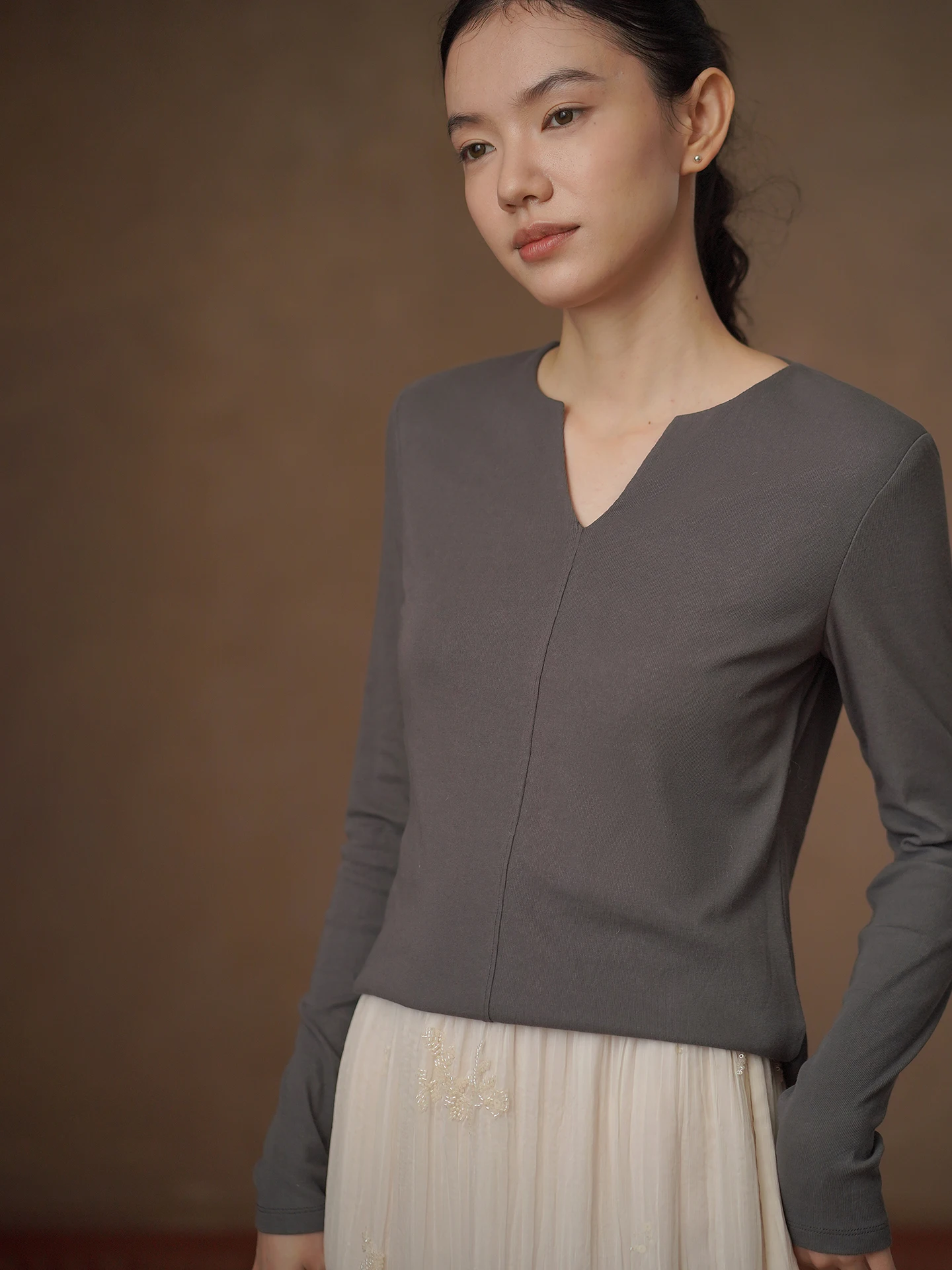 Slimming Long Sleeve T-Shirt Cotton Feel V-Neck Commute New Partner Soft Cotton Sensation Mid-Cut Tear Split Women's Top