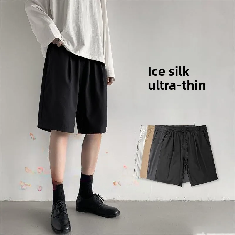

Summer Thin Casual Men's Loose plus Size Hong Kong Sle Ice Silk Qui Dry Five-Quarter Pants Low Waist Straight Leg Zipper