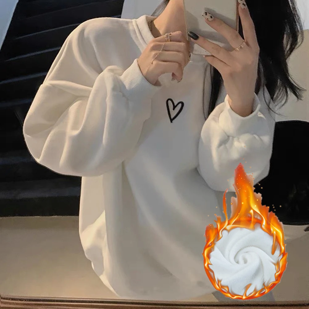Women Velvet Hoodie with Heart Shaped Print Female Sweatshirts Round Neck Casual Streetwear for Office Holiday