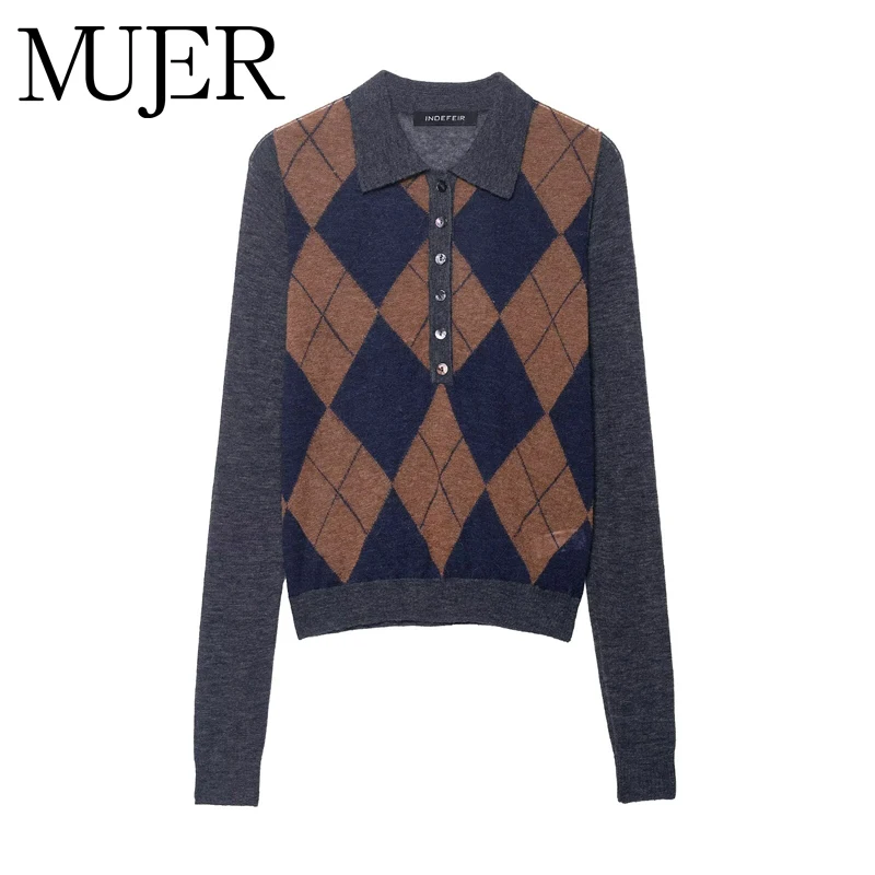 

MUJER джемперы-поло Argyle, женские вязаные укороченные свитера для женщин, пуловеры с длинными рукавами, новые винтажные трикотажные изделия, женские свитера