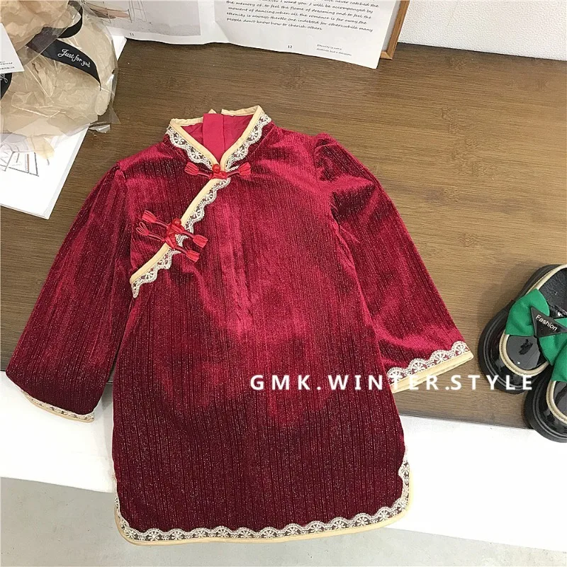 

Платье для девочек, осенне-весеннее красное бархатное детское платье принцессы в китайском стиле в стиле ретро, нежное кружевное платье Cheongsam