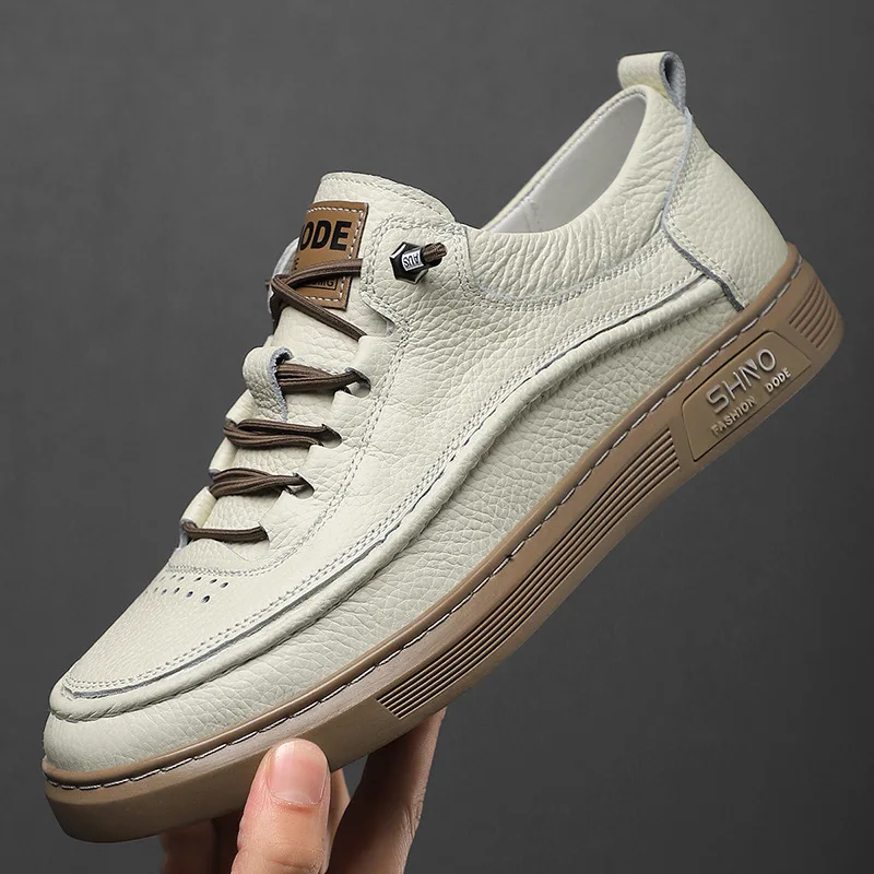 

Top layer cowhide casual white shoes spring new lace up men's shoes soft board shoes thick sole simple real leather shoes men