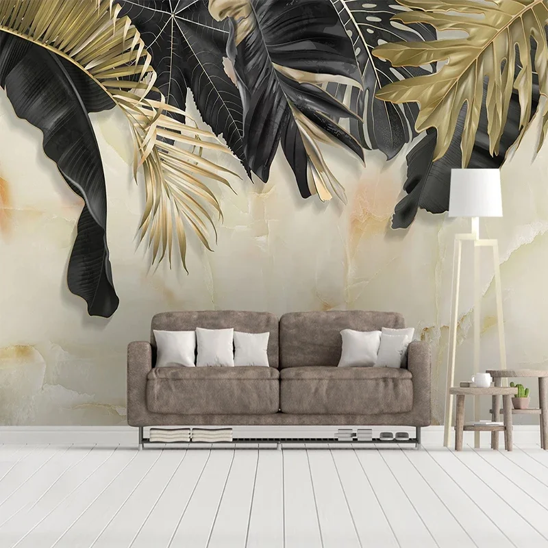 Custom Photo Wallpaper 3D Black Golden Leaf Marble Texture Murals Living Room TV Sofa Bedroom Background Wall Paper For Walls 3D