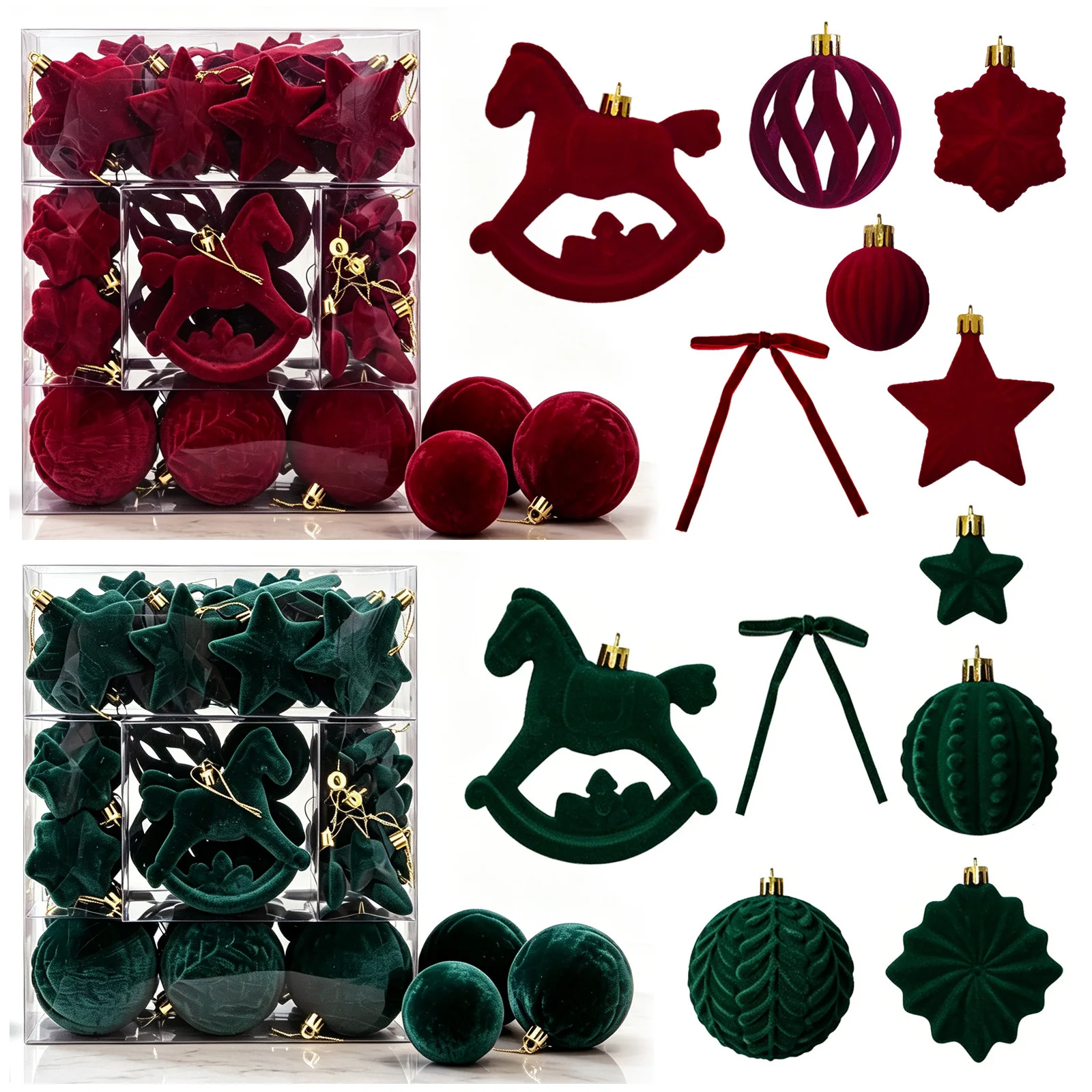 58Pcs Velvet Christmas Balls Ornament Flocked Rocking Horse Baubles Xmas Tree Hanging Pendants New Year Home Navidad Decorations