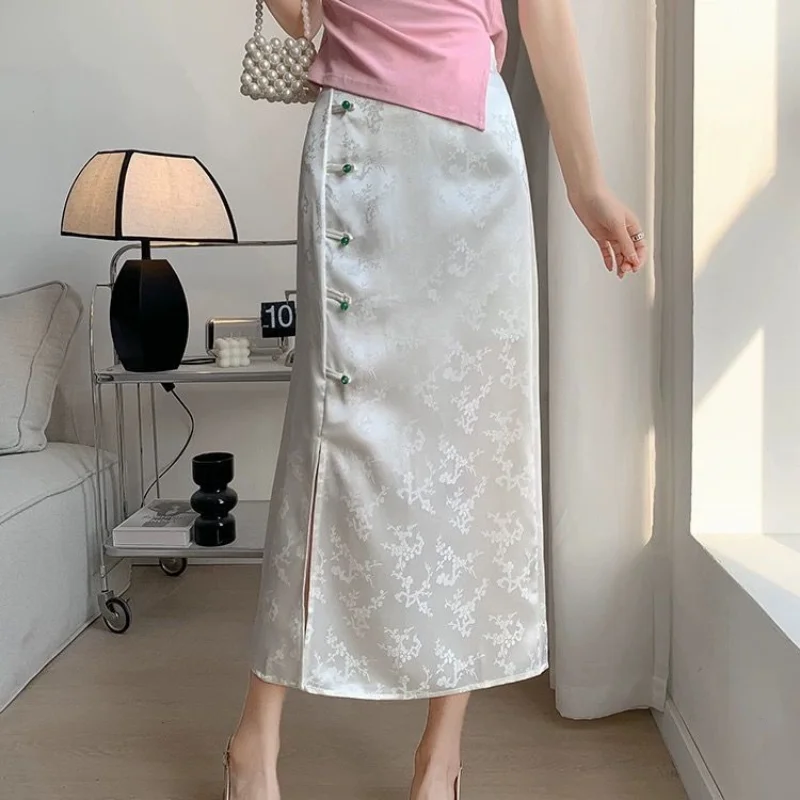 Nieuwe Lente En Zomer Dames Effen Kleur Hoge Taille Rits Losse Chinese Stijl Tas Hip A Line Split Casual Rok