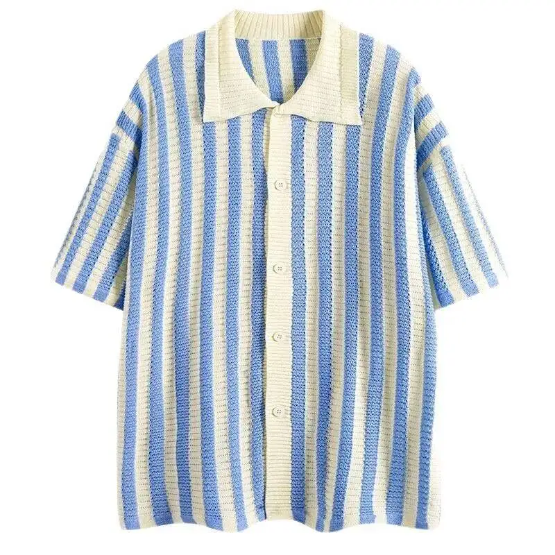 

2026, весна-лето, новая вязаная полосатая рубашка, мужские и женские рубашки, повседневный свободный стиль, удобный, приятный для кожи, дышащий универсальный топ