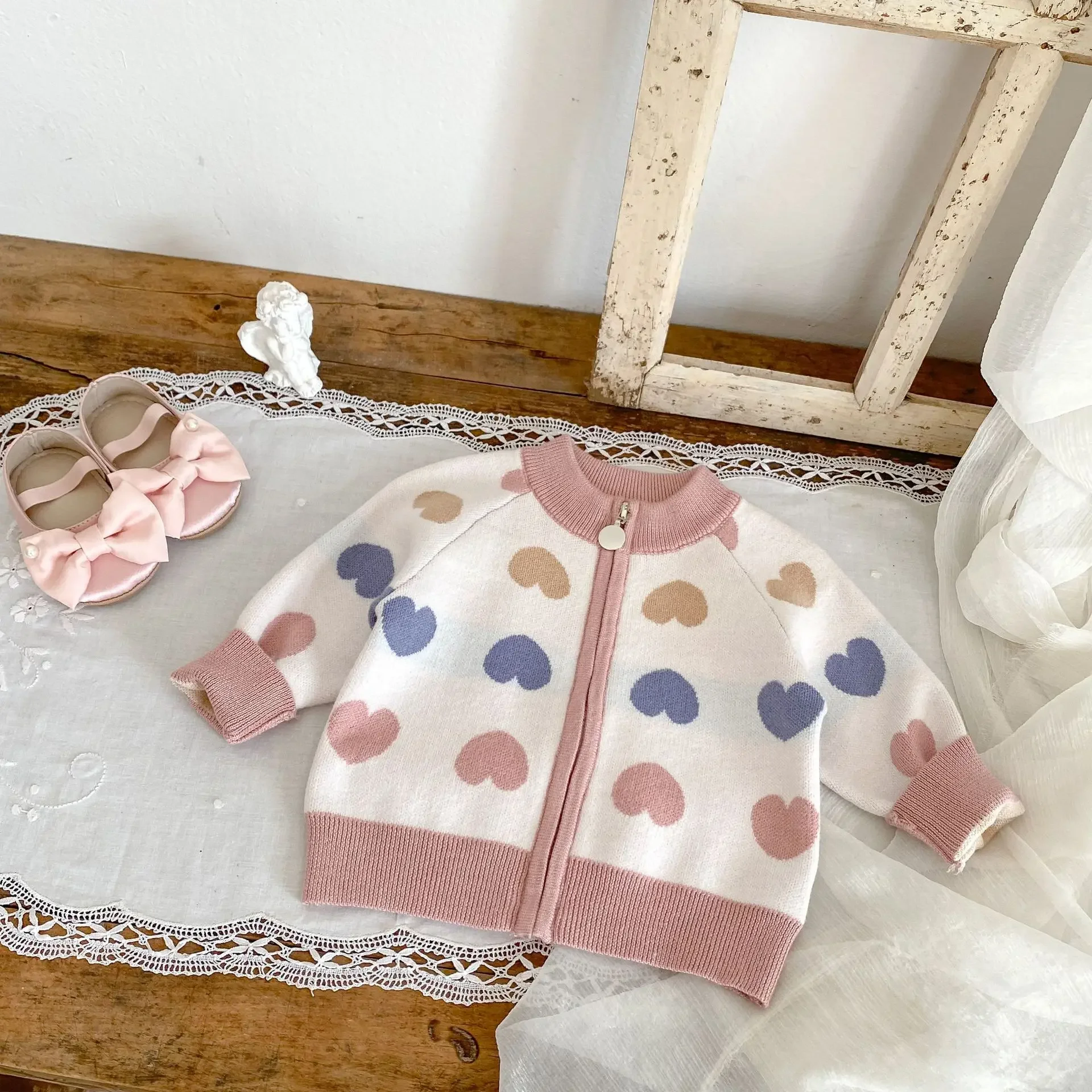 0-3T Heart Print Baby Girl Sweater Cardigan Newborn Kid Winter Clothes Knit Zipper Knitwear Coat Cute Sweet Sweater Outfit