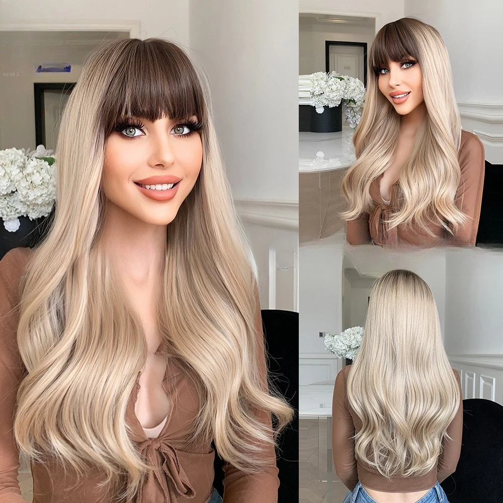 

European and American style women's wig long curly hair brown bangs big wave wig headgear daily wig