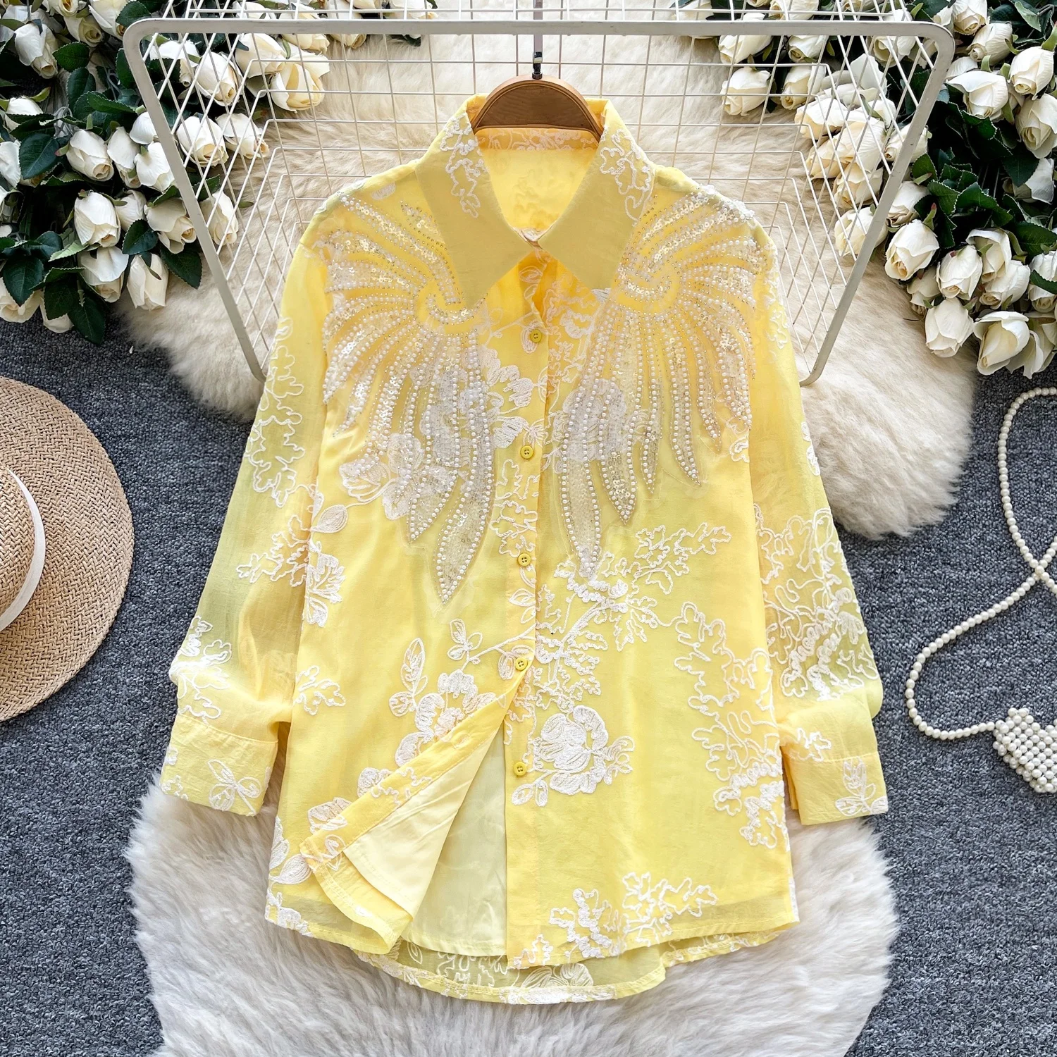 

Clothland Women Sweet Floral Embroidery Blouse Long Sleeve Sequin Beading Shirt Candy Color Fashion Tops LB313