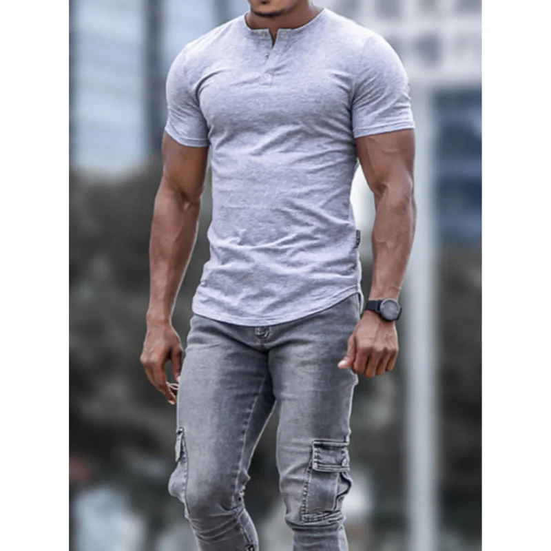 Summer Men's Clothing Business Casual Henry Short Sleeve T-shirt Stretch Slim Men Short Sleeve Tee Fitness Blazer T-shirt Grey