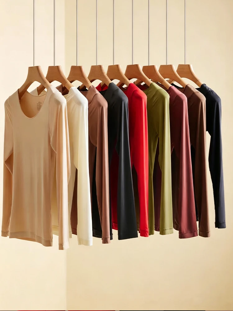 FINEOO Women Winter Ultra-thin Lock Temperature Top Solid Color High Elasticity Long Sleeve Warm Underwear First Layer Lingerie