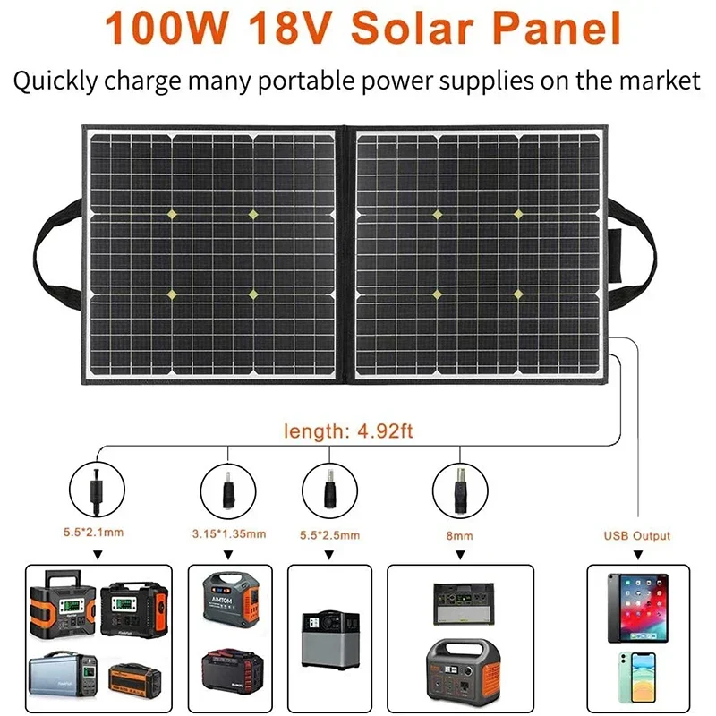 100W 18V Portable Solar Panel 5V USB Foldable Solar Cell Battery Charger Monocrystalline Outdoor Power Supply RV