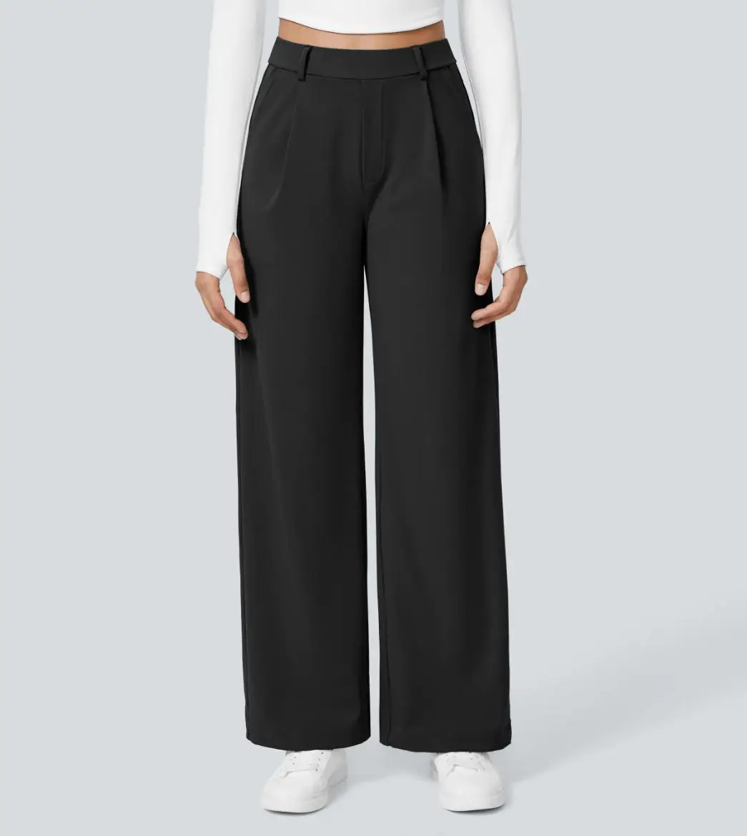 Women High Waist Wide Leg Suit Pants Pleated Front Office Work Trousers Multi Colors Solid Loose Long Pants, Decorative Faux Bac