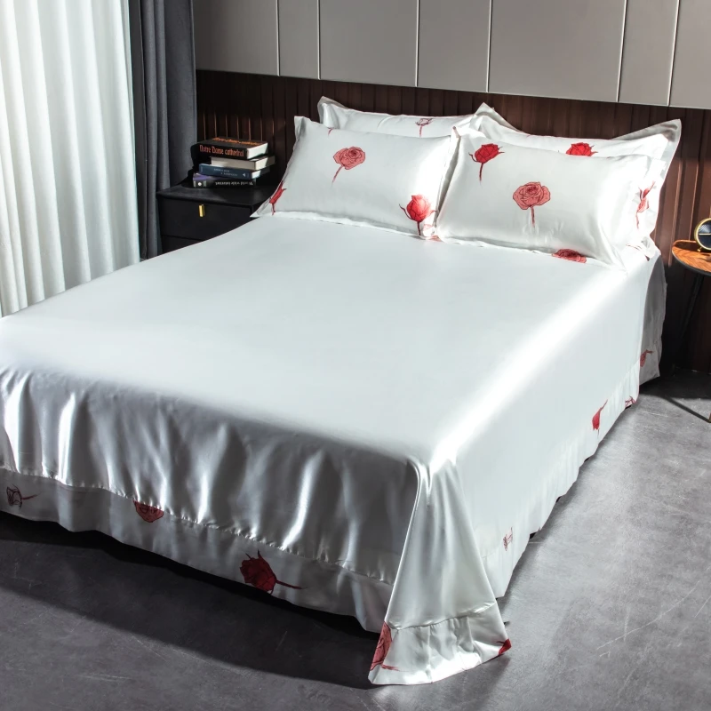 Red Rose Printing Bedding Bed Sheet, Pillowcases, White Silky Satin Flat Sheets, Solid Color, Smooth Bedsheet, Home Textile