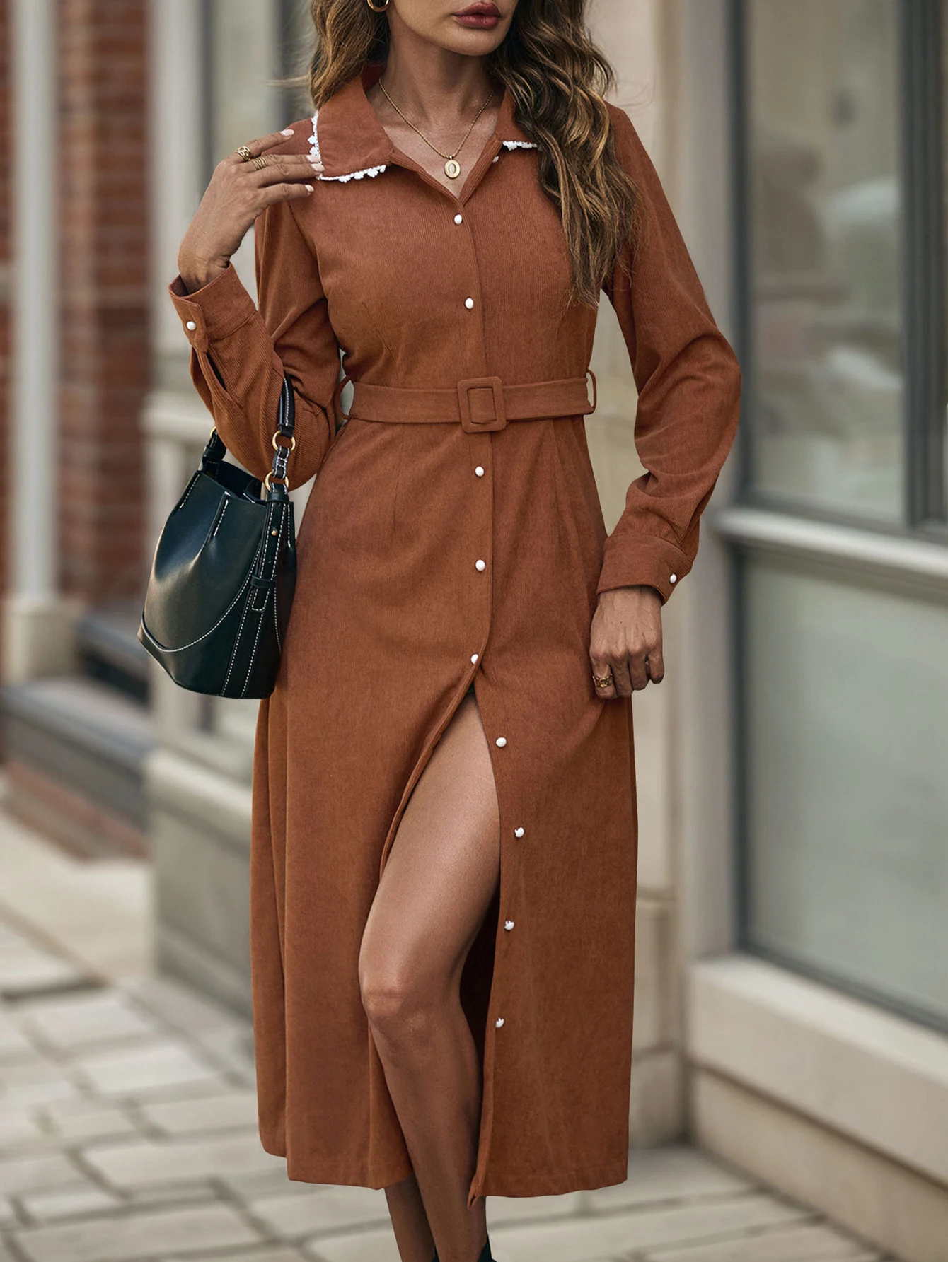 Abito longuette da donna elegante con bottoni in pizzo a maniche lunghe con colletto a camicia Abito da donna da ufficio Design semplice autunnale