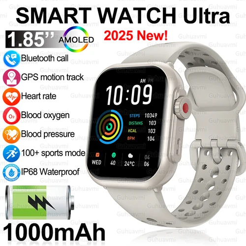 2025 nueva moda deportes reloj inteligente hombres mujeres 1,85 pulgadas HD AMOLED pantalla completamente táctil IP68 impermeable Bluetooth llamada relojes inteligentes