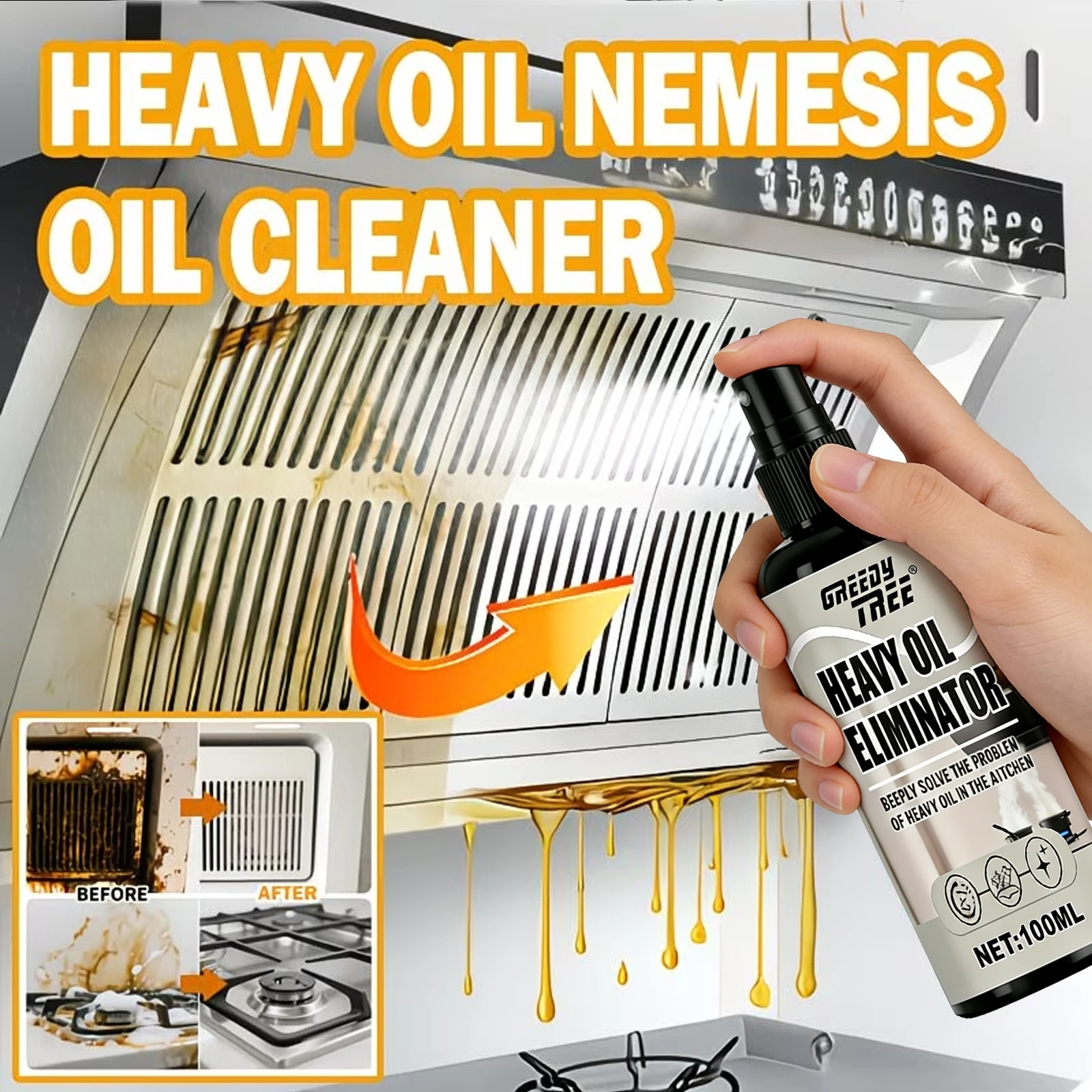 100ml Heavy Duty Kitchen Degreaser Spray Powerful Oil Eliminator for Range Hood Stove Top Oven Grill with Free Sponge