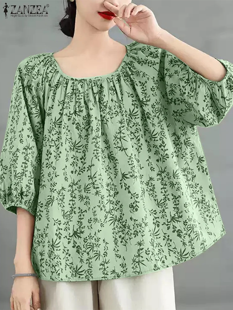 

ZANZEA Womens Casual Loose Floral Print Blouses Elegant Square Neck 3/4 Puff Sleeve Blusas Mujer Summer Day Wear Tunic Tops