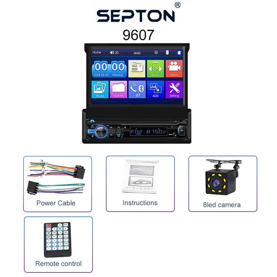 SEPTON 7 Inch Touch Screen Car MP5 MP4 MP3 Player Universal 1 DIN Retractable Screen MP5 Player Car Stereo System BT 5.1 FM AUX images - 6