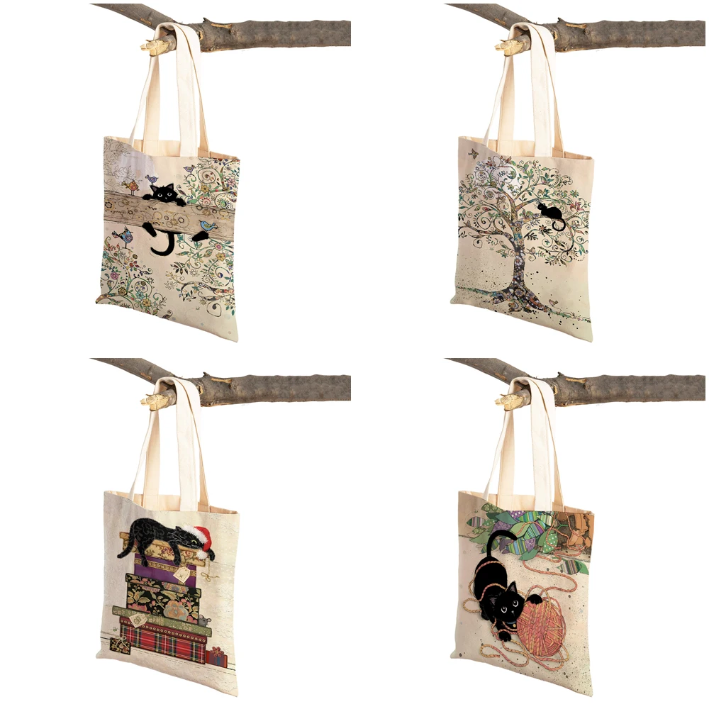 Both Sided Cute Elegant Black Cat Women Shopper Bags Tote Handbag Pet Animal Print Canvas Cloth Lady Shopping Shoulder Bag