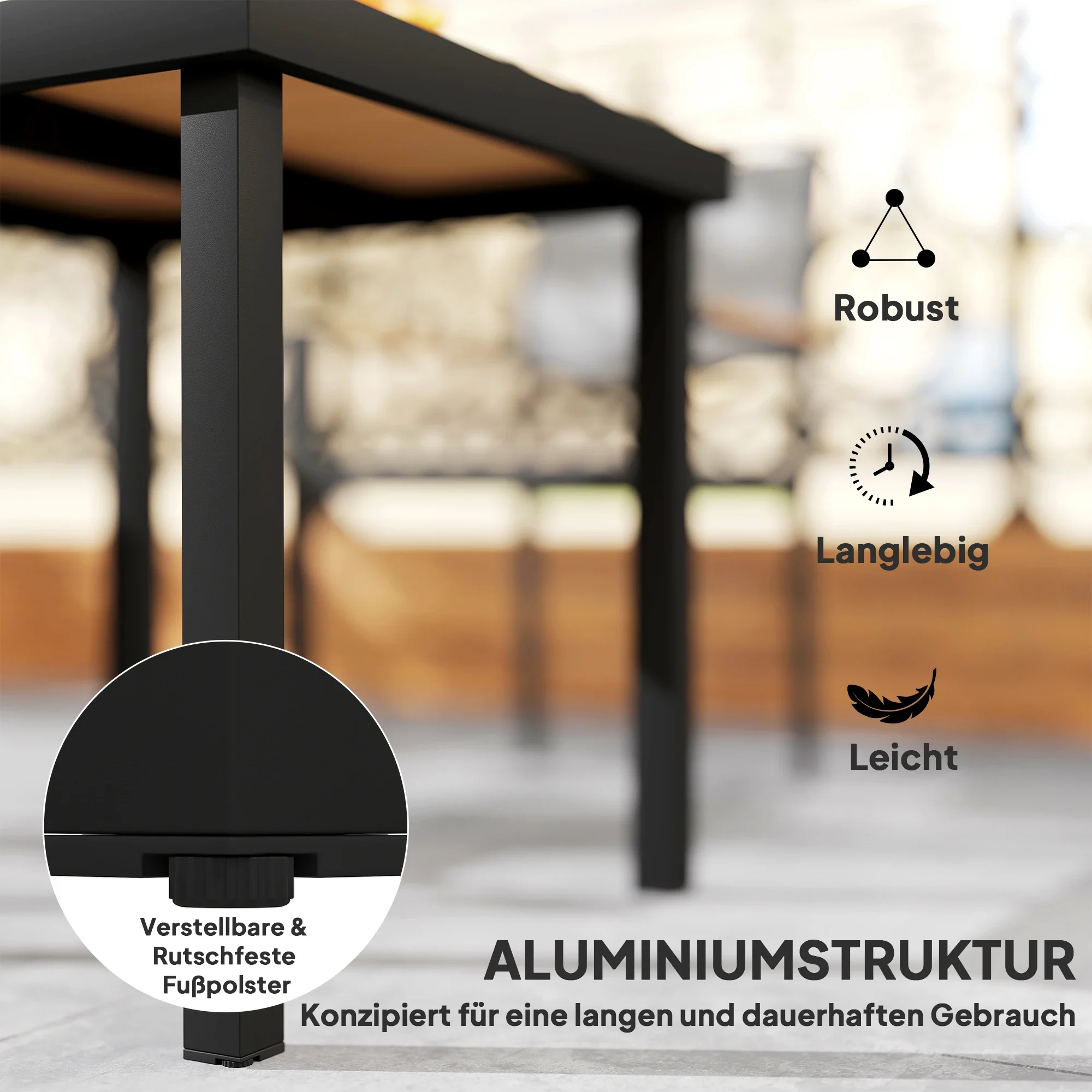 Kunststoff-Gartentisch 78×78×74cm, Aluminiumrahmen, Wetterfest, Campingtisch für 4 Personen, Outdoor-Esstisch, Schwarz – Detail 5