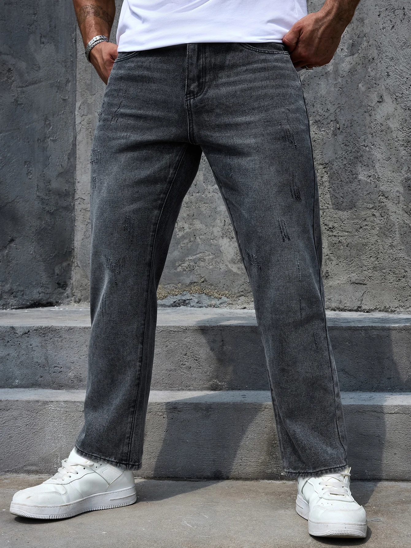 Men's Dark Grey Ripped Denim Jjeans Regular Fit Durable Trousers Versatile Men's Pants All Season Comfort XS-XL