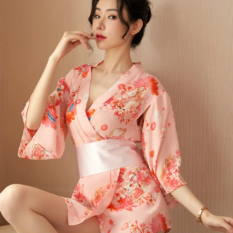 Retro Printed Kimono Sexy Pajamas Hollow Sleeves Waist Robe Hot Suit Thin Perspective Home Nightgown