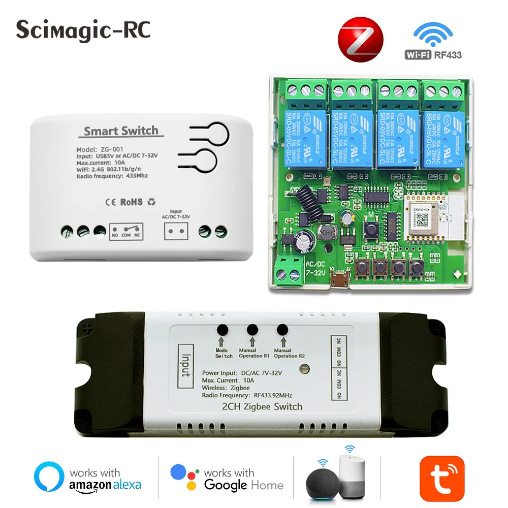 

Zigbee Tuya Wifi Motor Smart Switch Module 5В 12В 32В 220В Радиоуправление RF 433 1/2/4-канальное импульсное реле для Alexa Google