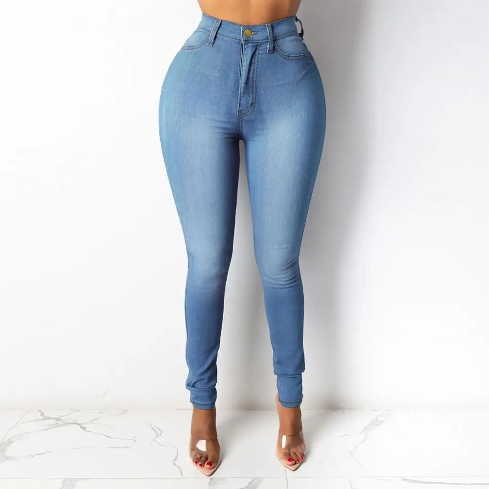 

Women Jeans High Waist Women's Skinny Fit Washed Jeans with Zipper Button Fly Pockets Solid Color Denim Pencil for Streetwear