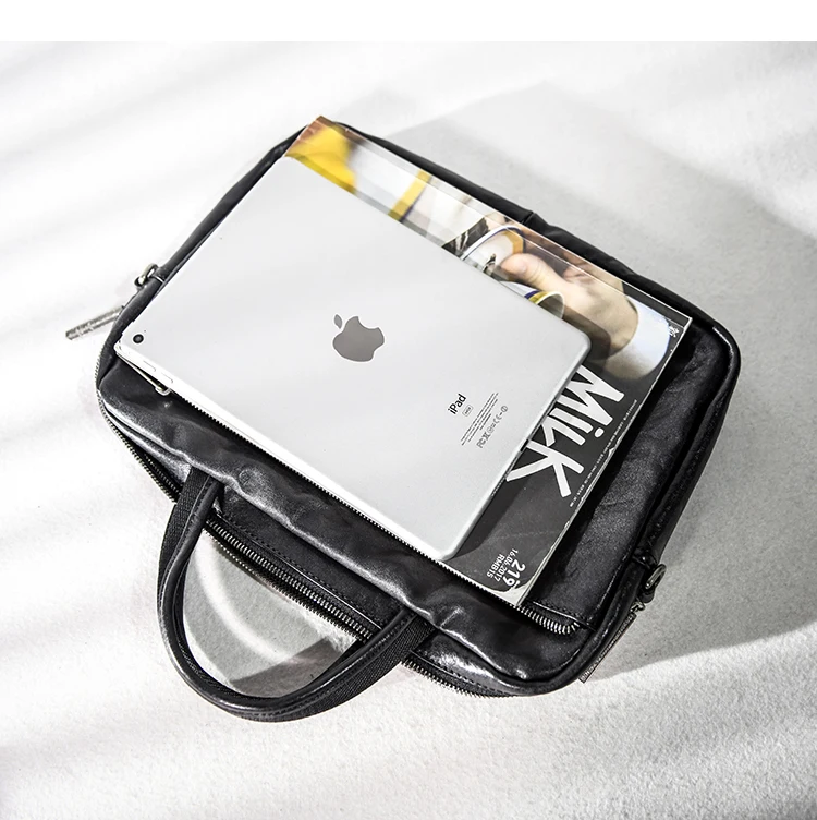 casual high-quality vegetable tanned cowhide men's black briefcase office work handmade genuine leather lawyer laptop handbag