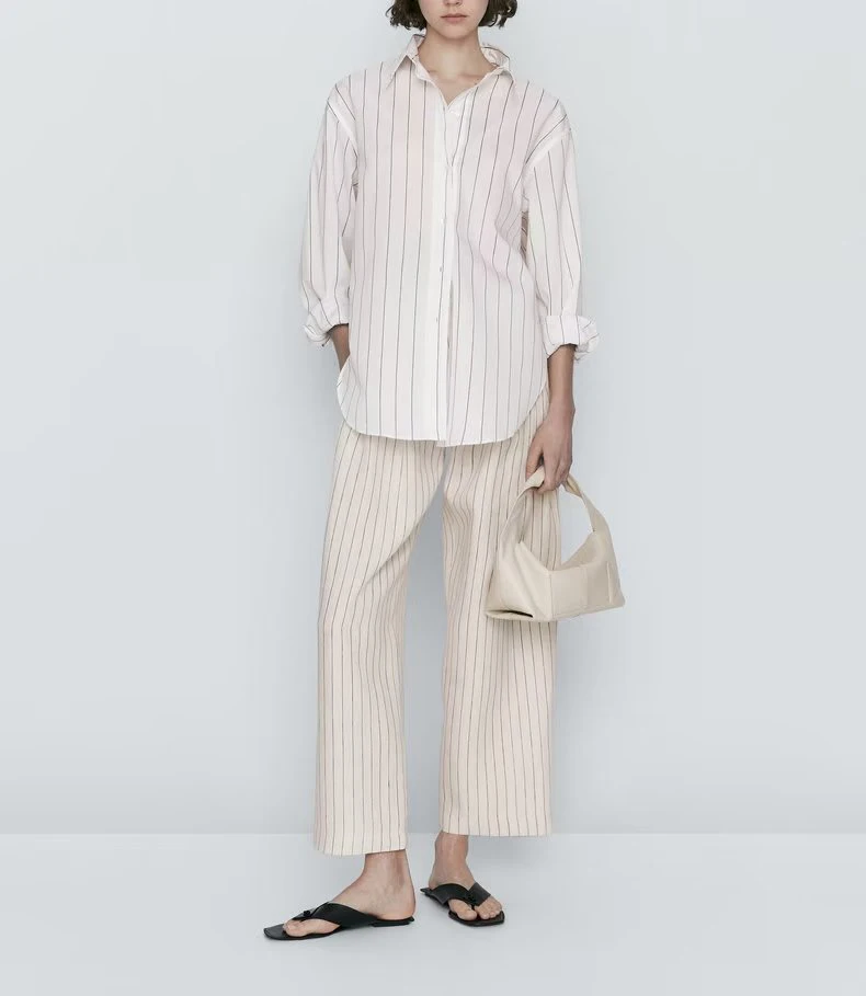 High Waist Wide Leg Pants Pleated Commute Vertical Stripes Casual Long Trousers for Women Polyester Fiber Natural Waist