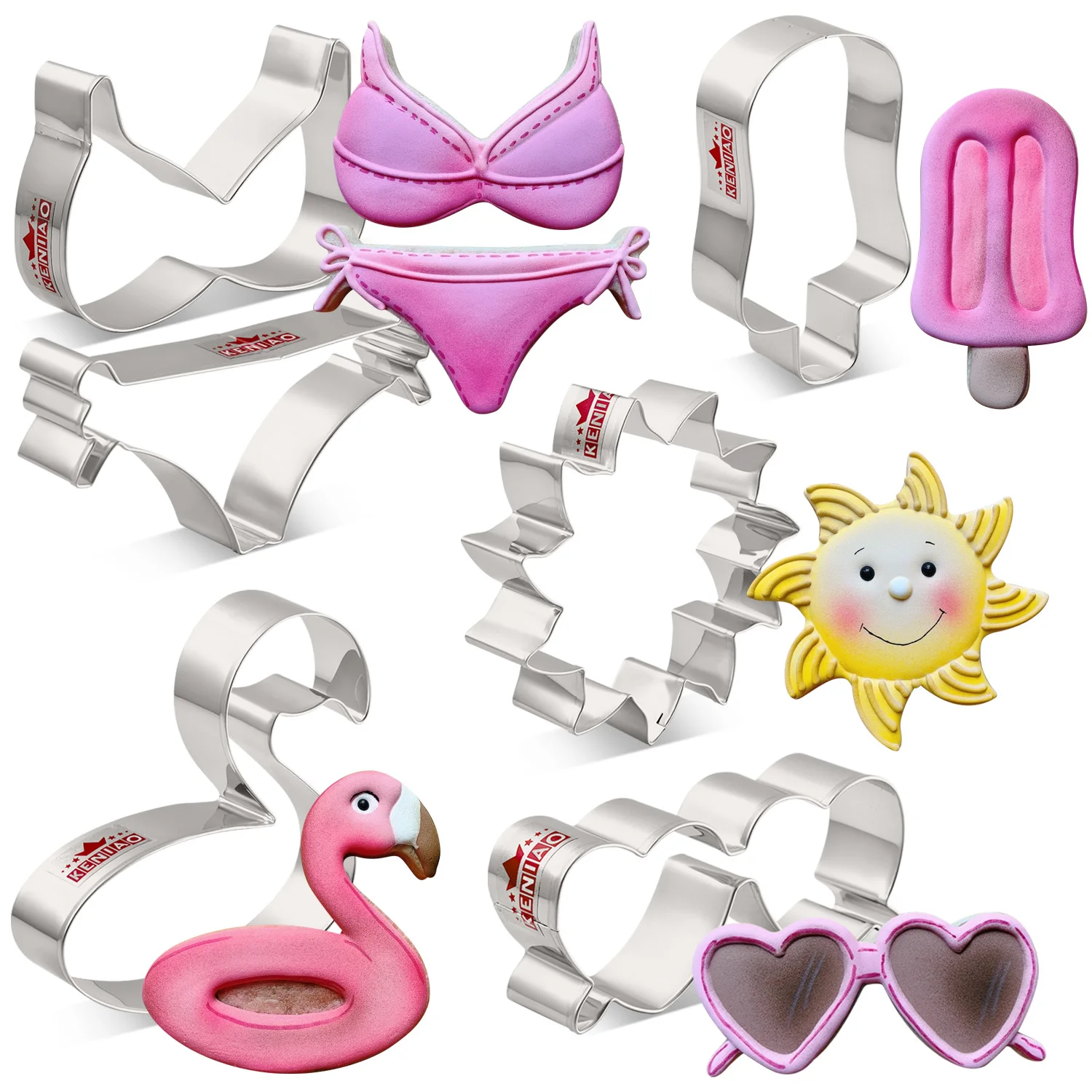 KENIAO Summer Beach Cookie Cutter Set - 6PC - Flamingo Float, Bikini Set, Popsicle, Sun and Sunglasses Molds - Stainless Steel