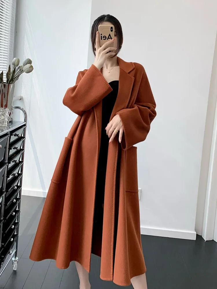 

New Water Ripple 20% Cashmere Wool Coat Women High-end Double-sided Woolen Coat Mid-length Female Lace-up Fashion Autumn Winter