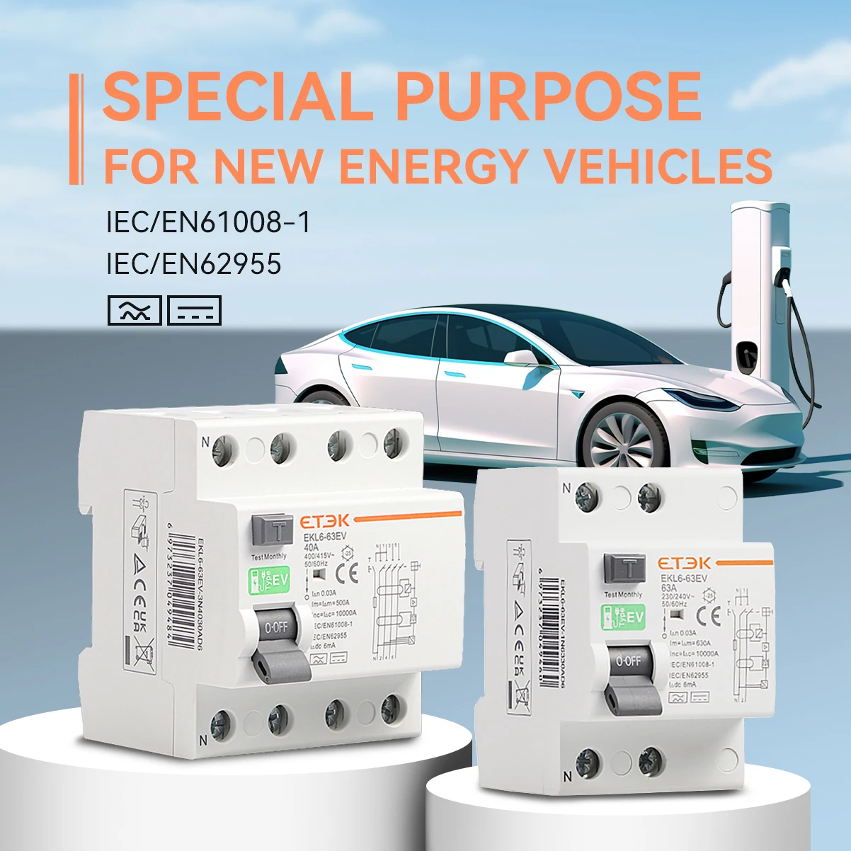 Imagem -02 - Etek Rccb tipo ev 2p 4p Terra Escapamento Disjuntores para Carro Evse Chargeing Estação Rcd 40a 63a 30ma Ekl663ev 10ka Din Ferroviário