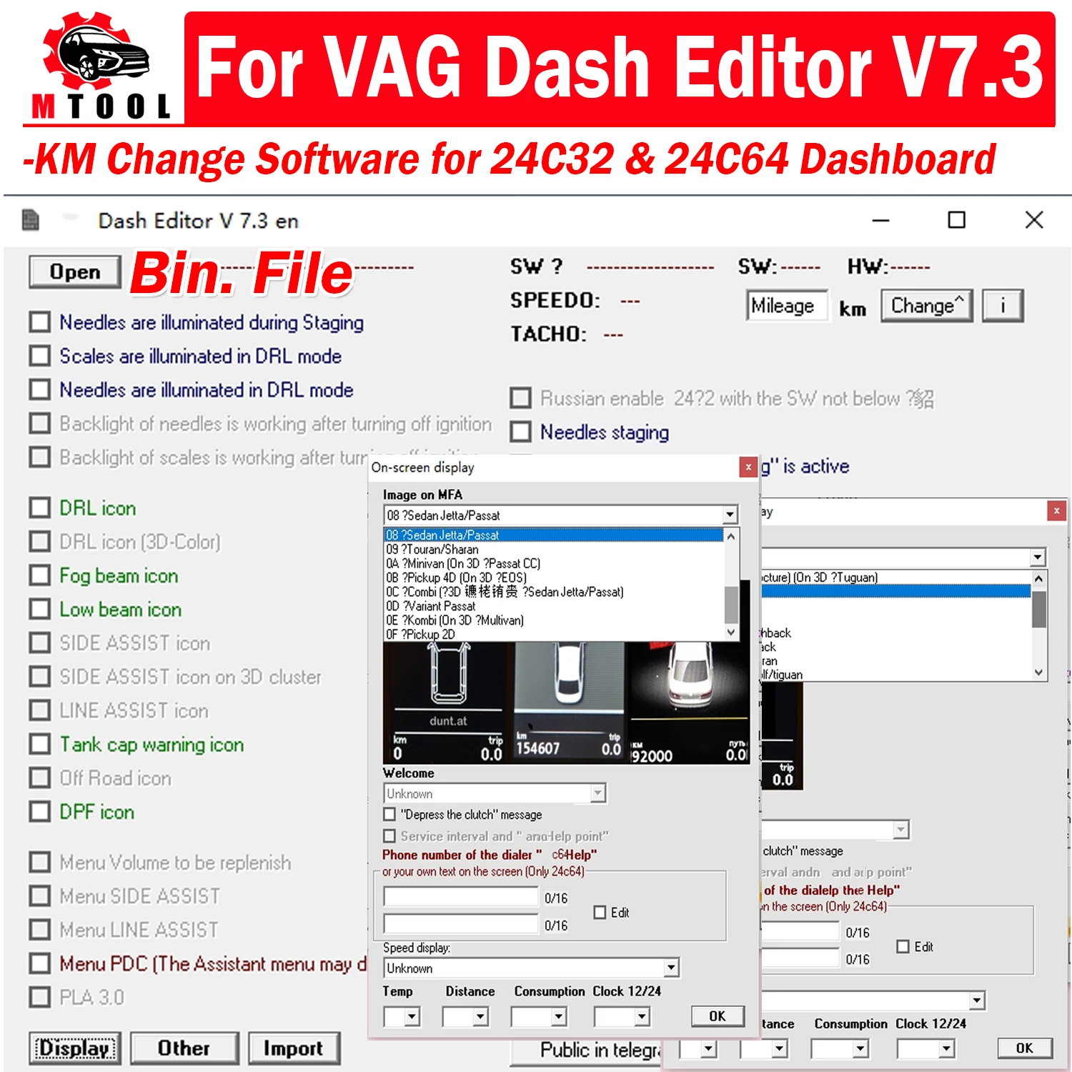 For VAG Dash Editor V7.3 for 24C32 & 24C64 Dashboard Mileage Cluster KM Change Software Fit for Bin. File for Skoda for Seat....