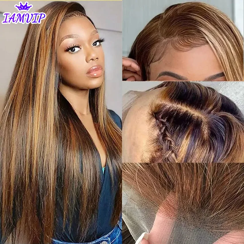 13x4 Hd Highlight Lace Front Wig For Black Women Straight Remy Human Hair P4/27 Piano Highlight Colored Lace Wig  Pre Plucked