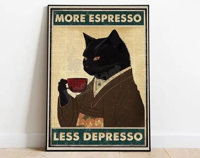 Retro Metal Tin Sign  More Espresso Less Depresso Poster Drinking Poster Coffee Lover Gift Funny Black Wall Art Home Decor Black