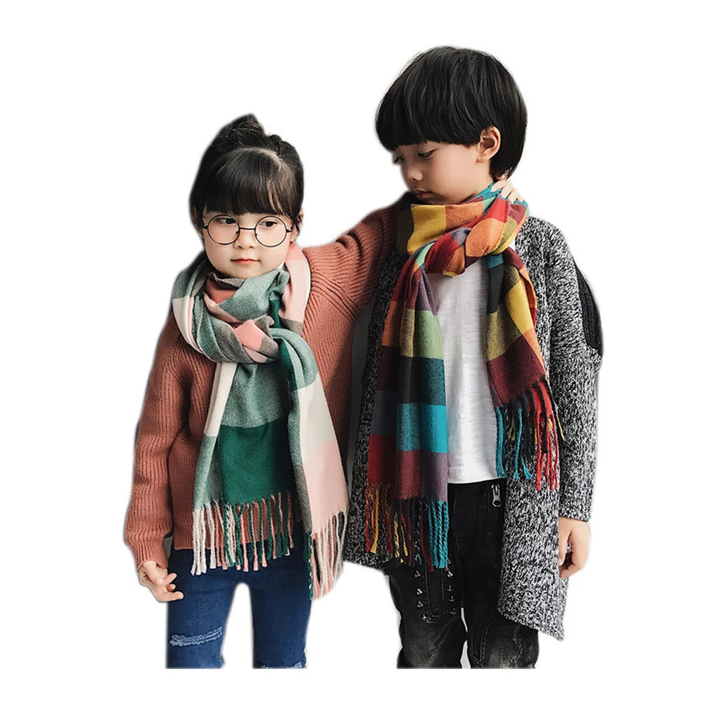 Autumn Winter Children Plaid Scarf Warm Girls Boy Soft Scarves Kids Cashmere Tassel Shawl Scarf Muffler Neckerchief Blanket 1pcs