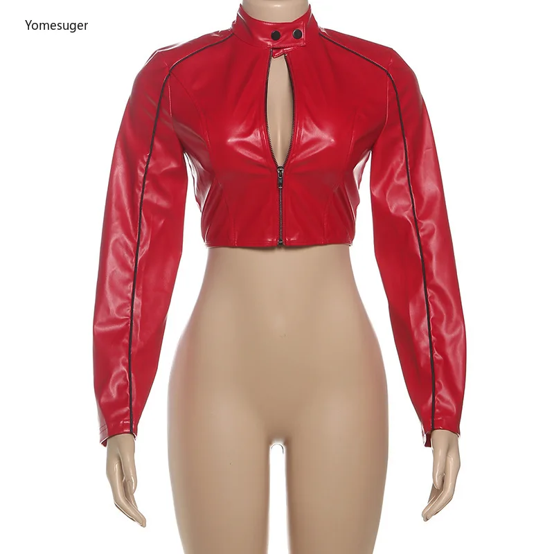 Yomesugar 2025 خريف المرأة شريط بولي Leather سترة جلدية قصيرة مثير الوقوف طوق كم كامل البريدي معطف ملابس خارجية غير رسمية Y2k الشارع الشهير #4