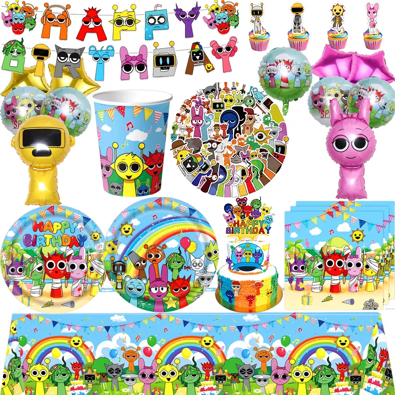 Sprunki Geburtstagsparty Dekoration Pappbecher Teller Luftballons Aufkleber Tischware Banner Kuchen für Kinder Babyparty Partyzubehör
