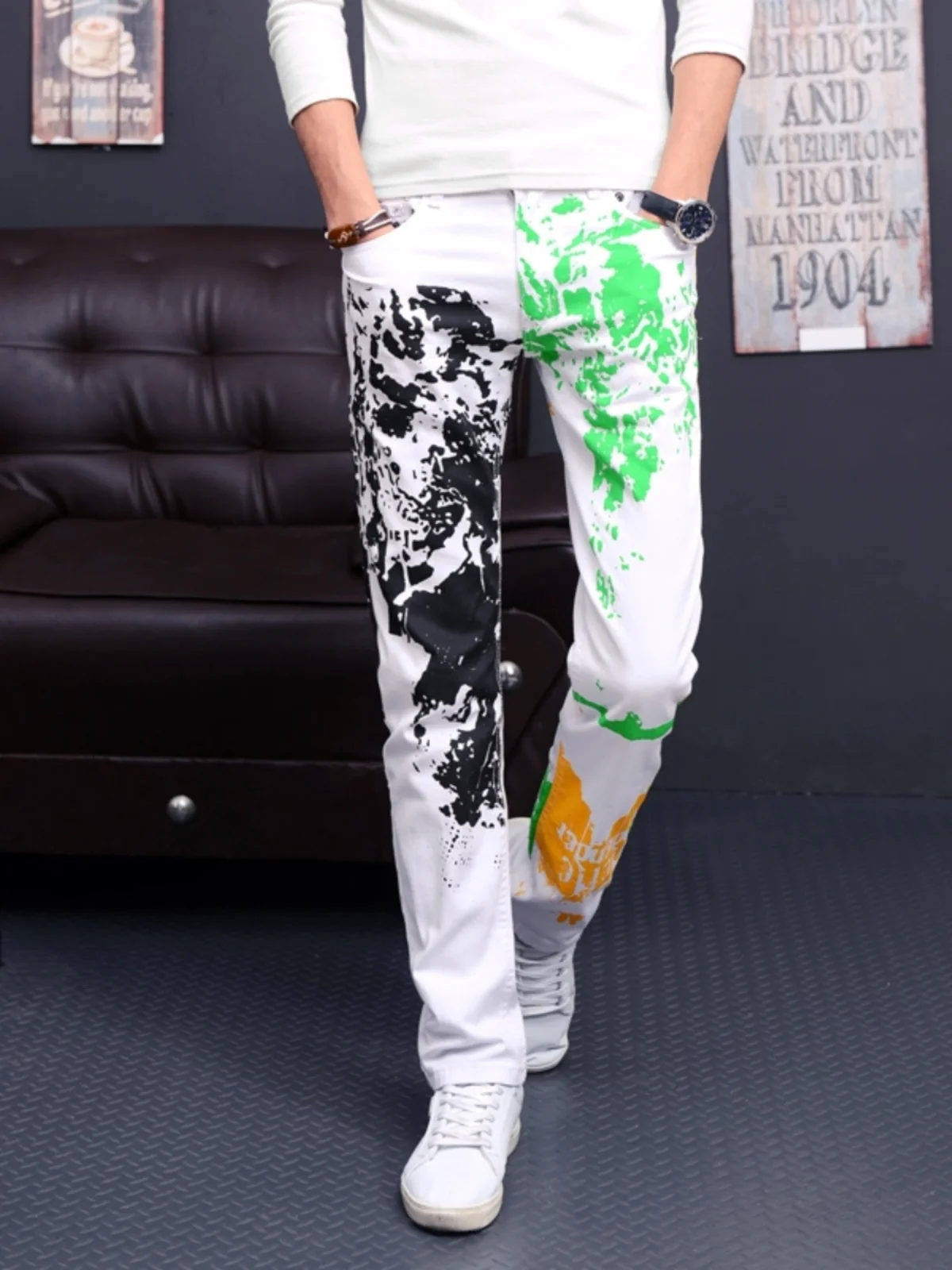 

Casual Printed Jeans Men's Youth Dyeing Straight Leg Slim Fit Long Trousers Trendy Large Size Personali Jeans Cotton Elastic