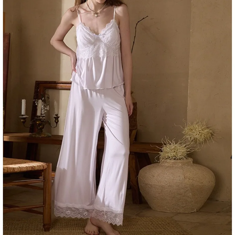 

French Retro Style with Chest Pad Lace Suspender Pajamas Wide-leg Pants Set Sexy Modal Girl Loungewear Summer