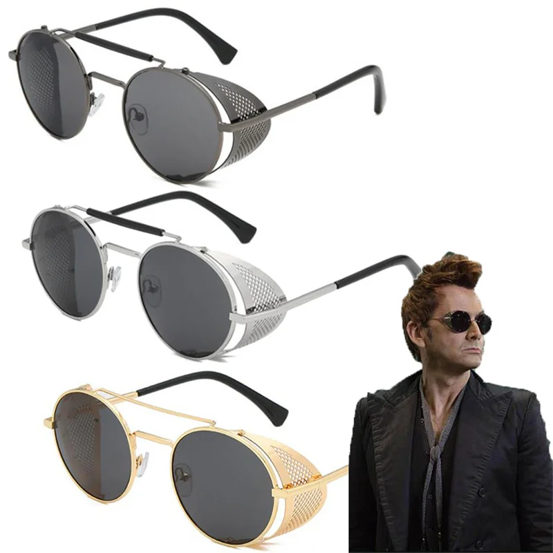 Good Omens Devil Crowley David Tennant Sunglasses Cosplay Props Glasses Retro Steampunk Metal Sunglasses for Men and Women