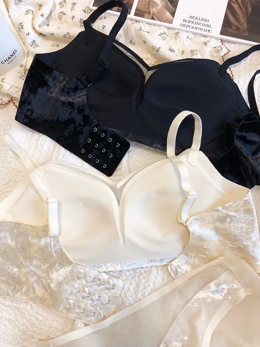 Velvet small chest no steel ring bralette no trace gathering side breast bra set sexy on thin under thick comfortable underwear