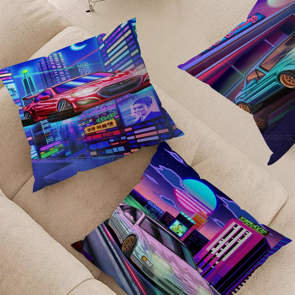 Tokyo Street Racing Nissan GTR Synthwave Neon 80S Pillow Covers Cartoon Sofa Decorative Home Double-sided Printing Cushion Cover