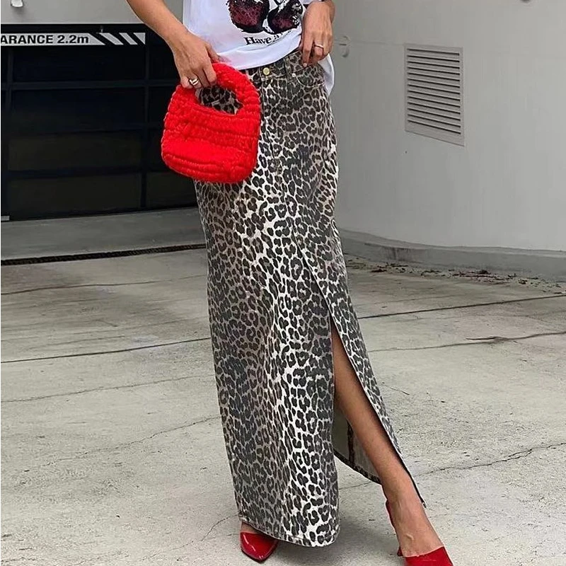 Deeptown Leopard Print Long Skirt Women Vintage Sexy Y2k Streetwear Midi Skirts Fashion High Waist Retro Casual Slit Denim Skirt