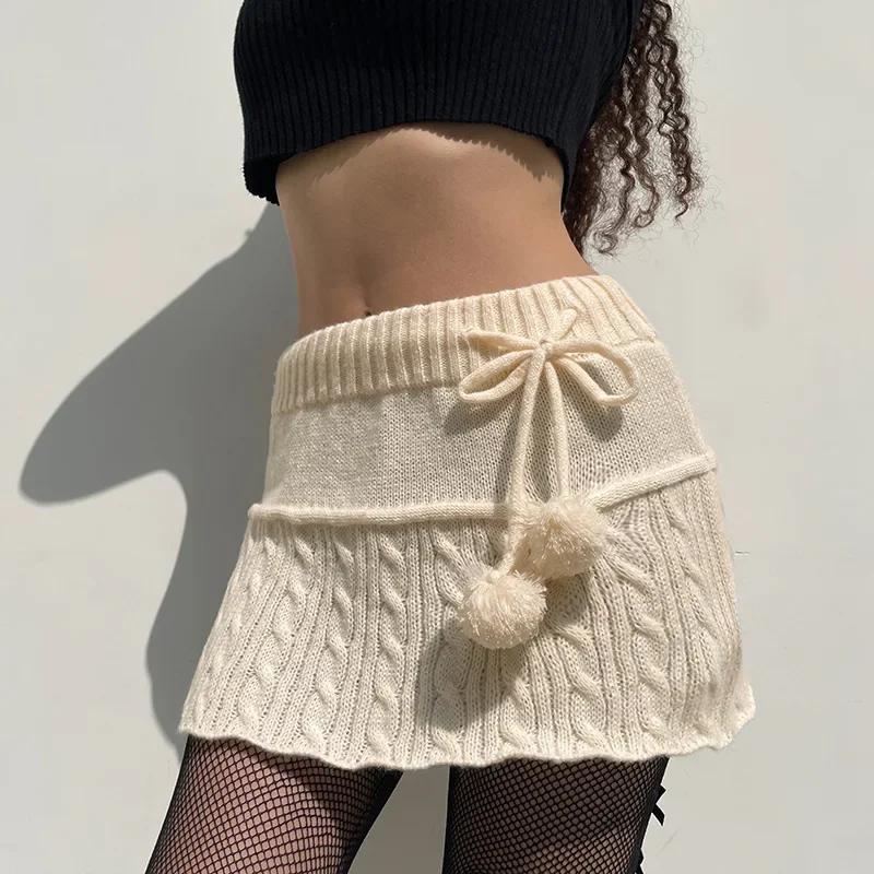 2024 Women's Casual Versatile Plush Ball Decorative Short Skirt Lace Up Hook Flower Hollow A-line Skirt Solid Color Mini Skirt