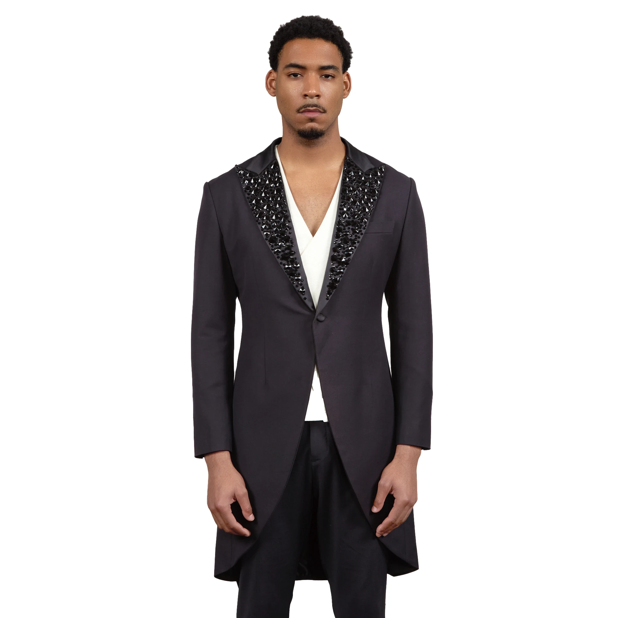 Men's Black Long Tail Single Breasted Tuxedo Jacket with Crystal Embellished Lapel and Pleated Back Custom Made M264863