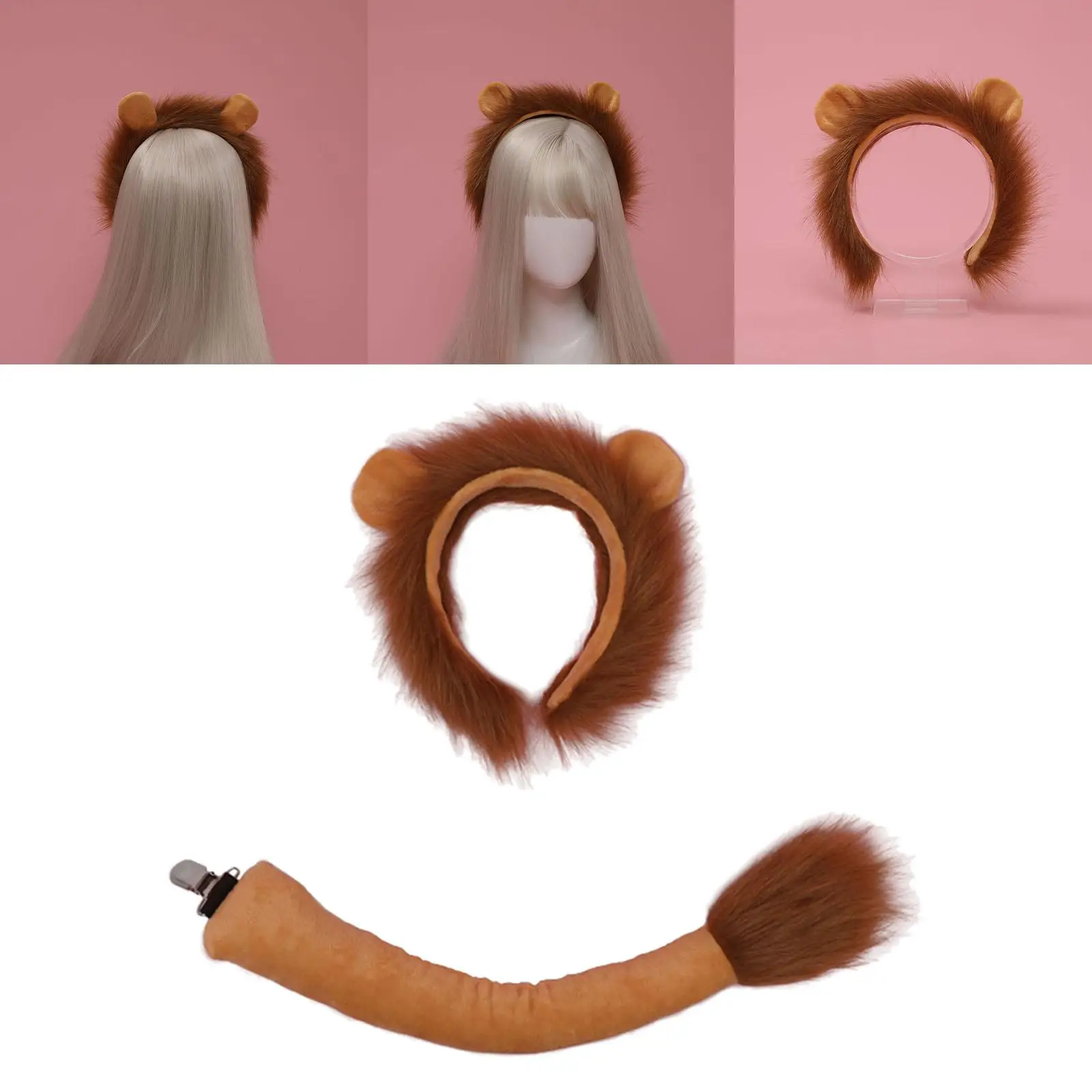 Lion Tail Ears Costume Plush Headband Cosplay for Adult Children Teenager Show Carnival