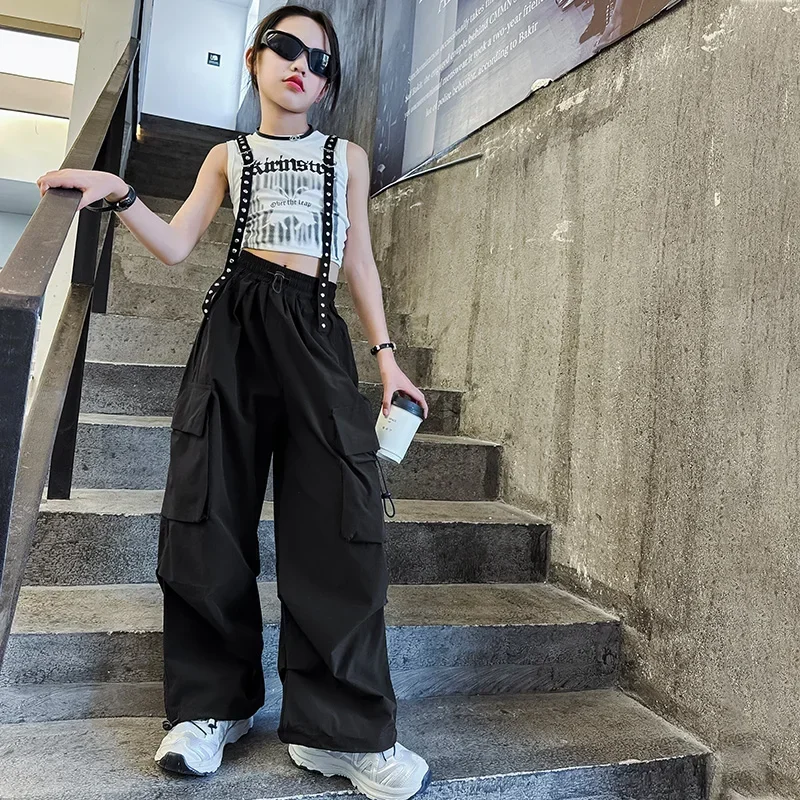 

Hip Hop Girls Crop Tank Ribbon Tshirt Cargo Pants Kids Sweatshirt Street Dance Joggers Child Streetwear Clothes Set Jazz Costume